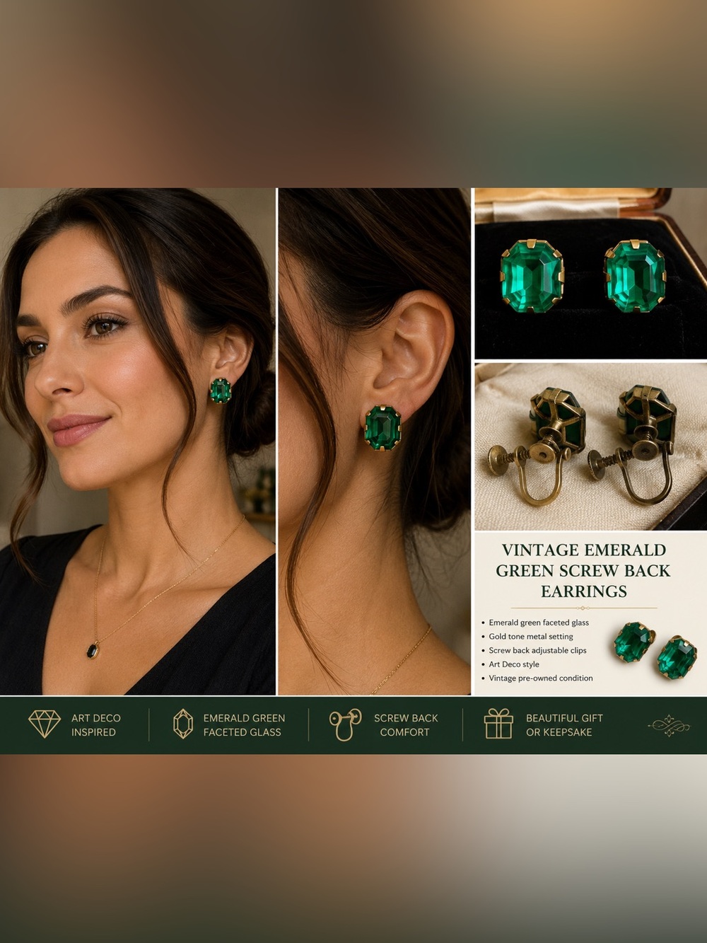 Vintage Green Faceted Glass Screw Back Earrings Art Deco Style Gold Tone